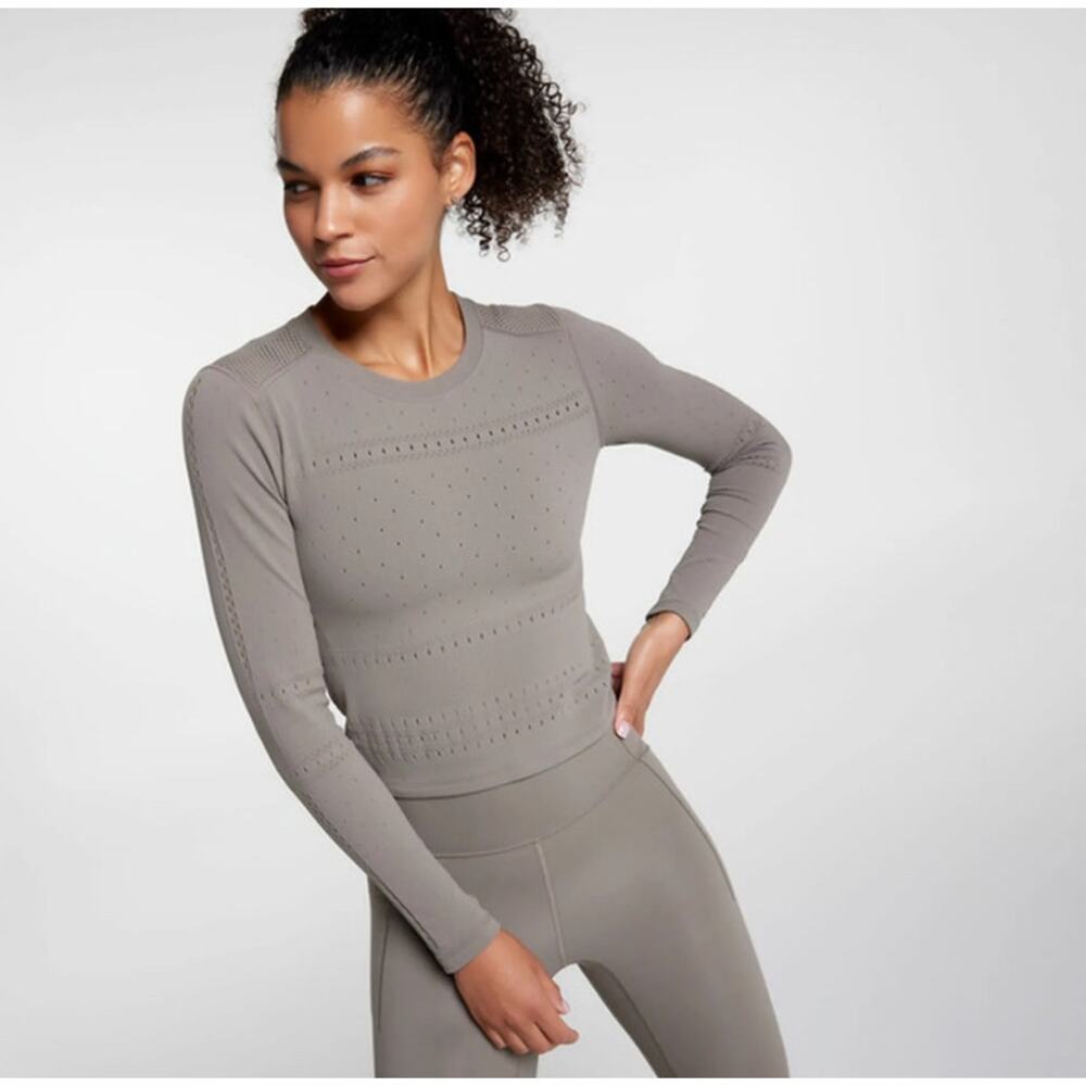 Calia Pointelle Seamless‎ Long Sleeve Top L/XL Tan Athleisure Activewear Yoga